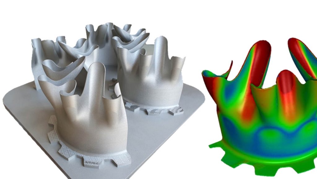 Comparación del mezclador final de escape de chorro de acero inoxidable con su modelo de distorsión simulada. Foto vía Hexágono.