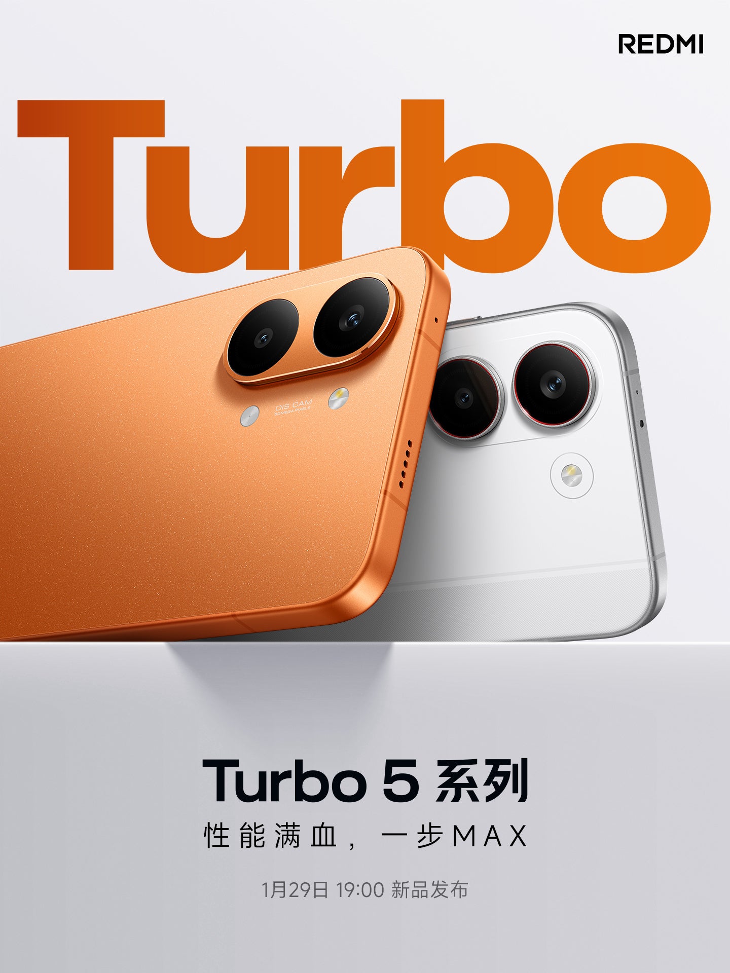 Teléfonos de la serie Redmi Turbo 5 en dos colores.