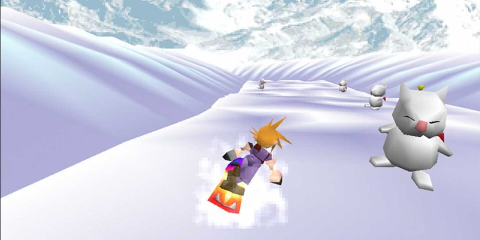 Tablas de snowboard en la nube en el juego de nieve de Gold Saucer en Final Fantasy VII