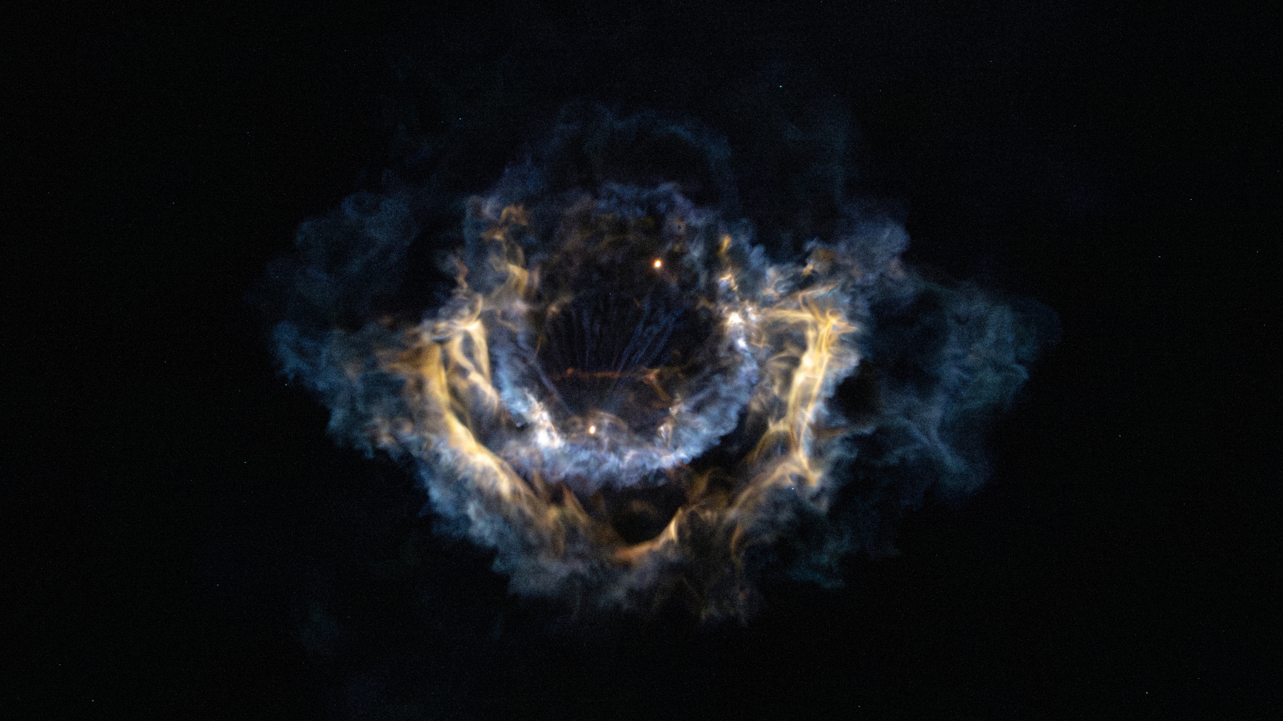 El gas, el vapor y el hollín forman una columna de cohete en forma de flor en el cielo negro con los motores de los cohetes iluminados a contraluz.