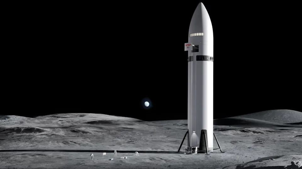 Ilustración artística de la nave espacial de SpaceX en la Luna durante la misión de astronautas Artemis para la NASA.