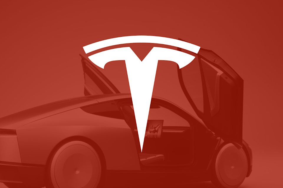 Logotipo de Tesla sobre un fondo rojo sombreado.
