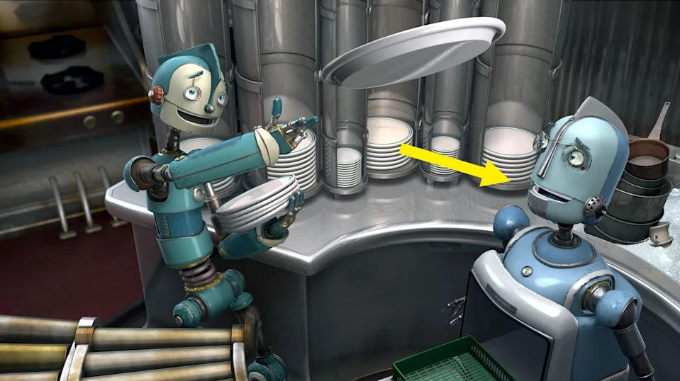 Dos robots animados en la cocina, uno dándole un plato al otro. Parecen estar involucrados en una interacción amistosa.