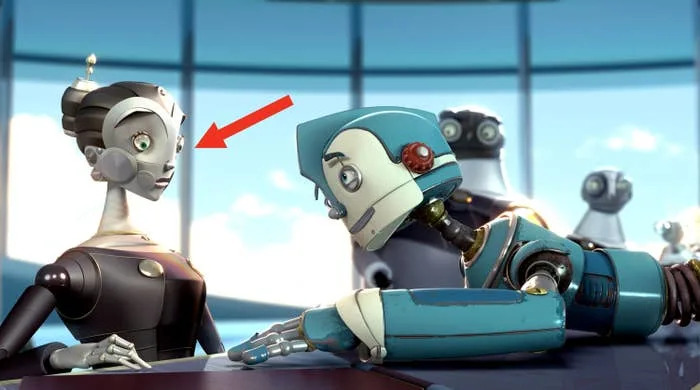 Dos robots interactuando en un entorno futurista; uno se inclina hacia adelante, haciendo contacto con el otro, mientras se ven más robots al fondo