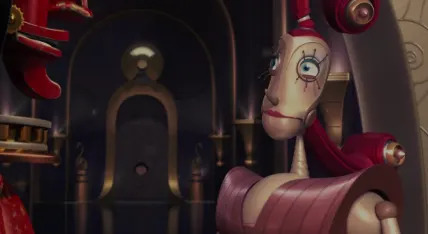 Una escena animada de dos robots humanoides hablando en una ornamentada sala mecánica.