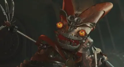 Criatura robot inspirada en Steampunk con ojos brillantes y piezas mecánicas, amenazadora pero caprichosa