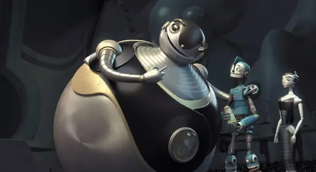 Tres robots animados conversando; uno es grande y redondo, el otro es delgado y anguloso, mientras que el tercero es alto y delgado