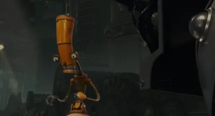 Un personaje robot de dibujos animados con cuello y brazos largos se encuentra en un ambiente industrial oscuro, luciendo expresivo