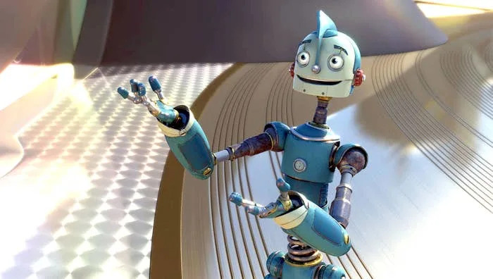 Un personaje robot con movimientos corporales metálicos de color azul, una expresión acogedora, en un ambiente elegante y futurista.