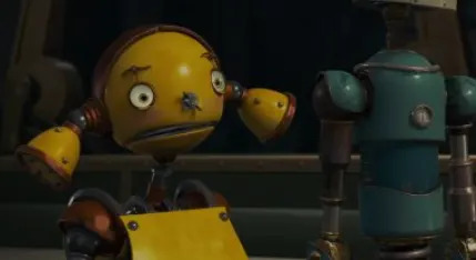 Dos robots animados hablando; uno parece sorprendido y el otro se queda de lado