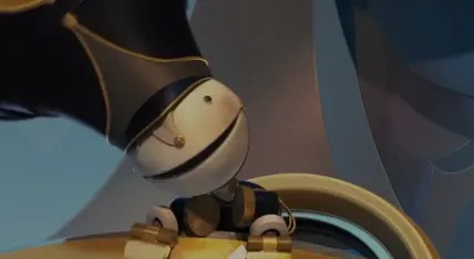 Personaje de dibujos animados con sombrero y uniforme inclinado sobre el escritorio y sonriendo con un libro frente a él