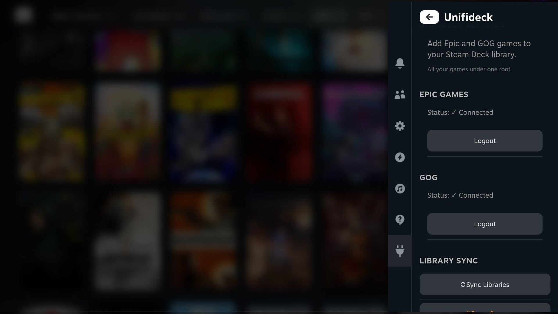 El menú principal de Unifideck en SteamOS